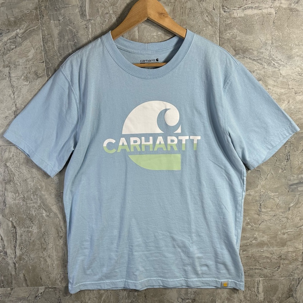 Carhartt Relaxed Fit Logo T Shirt Light Blue Men Medium Cotton Outdoor Basic Tee - Picture 1 of 7